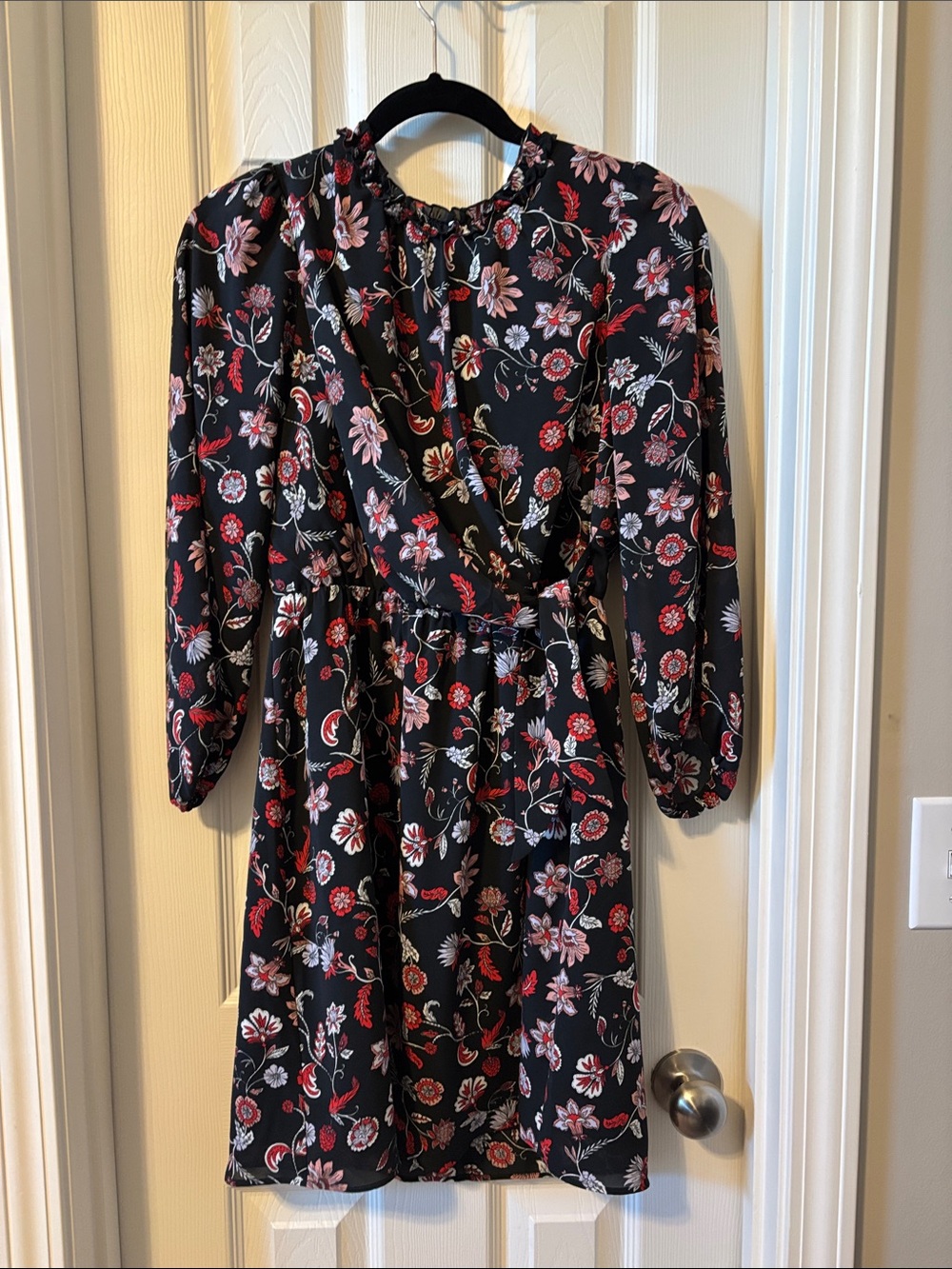 Banana Republic Black Long-Sleeve Floral Wrap Dress with Red and Pink Accents